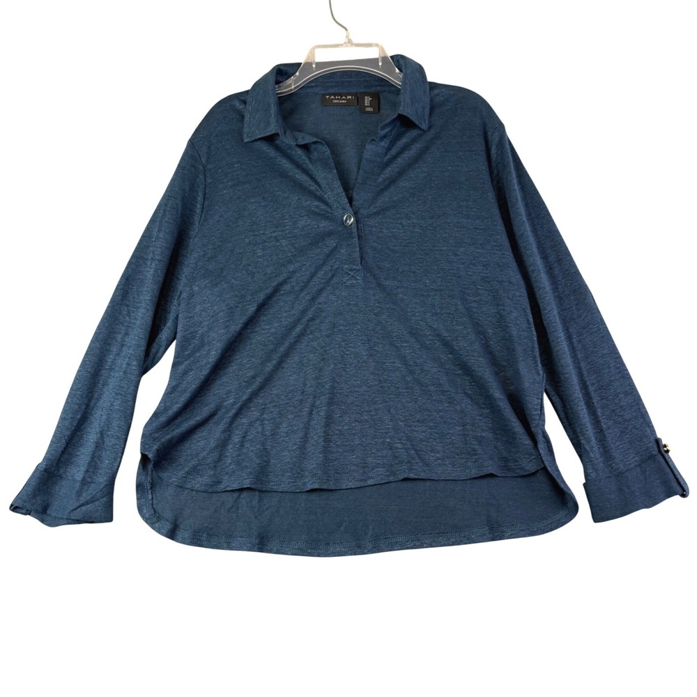 Tahari Womens S Blue 100% Linen Long Sleeve Polo Shirt‎ High-Low Casual Coastal